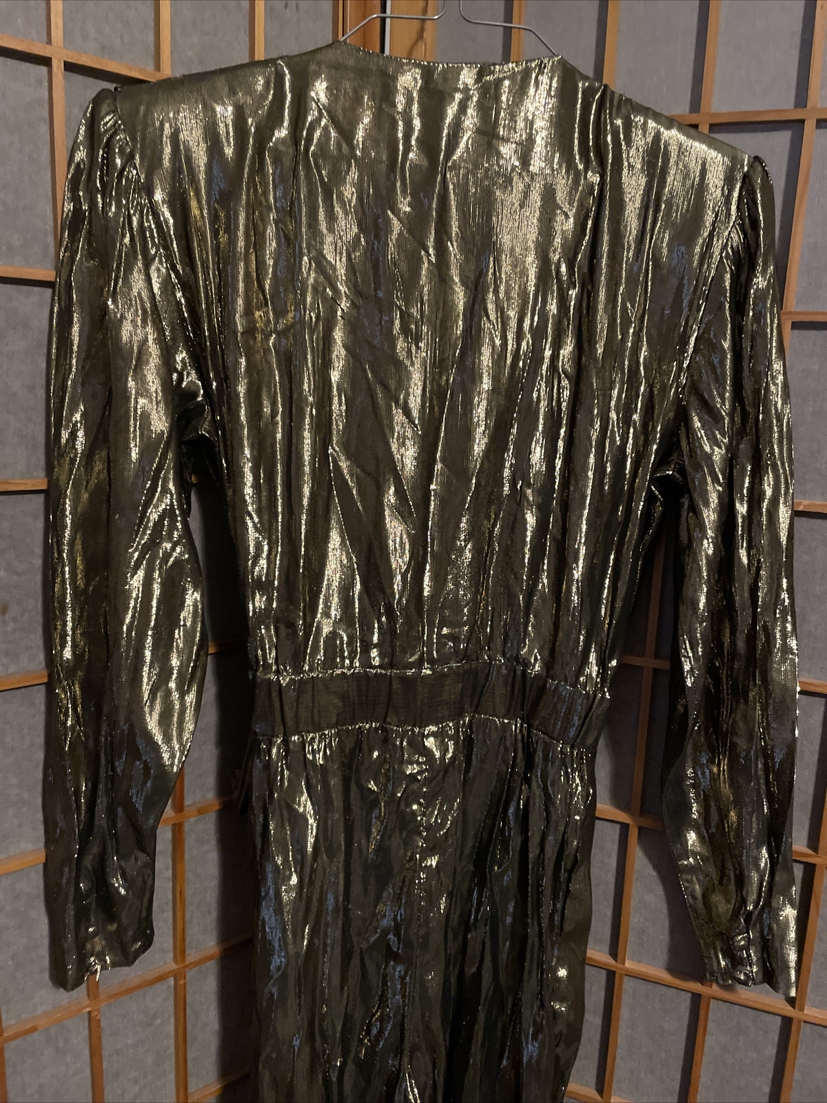 Vintage Anna Kriste Gold Lame Metallic Jumpsuit Long Sleeve Wrap Waist Size 6P
