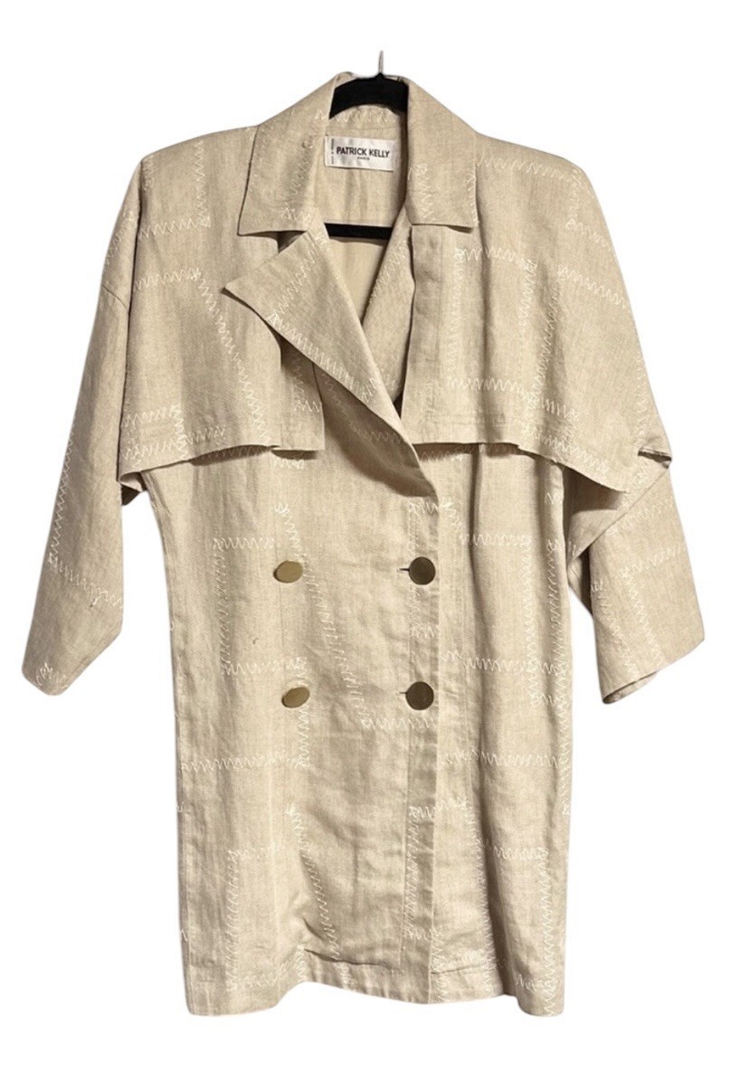 Patrick Kelly Paris Authentic 80s Double Breasted 100% Linen Trench Jacket Sz 38