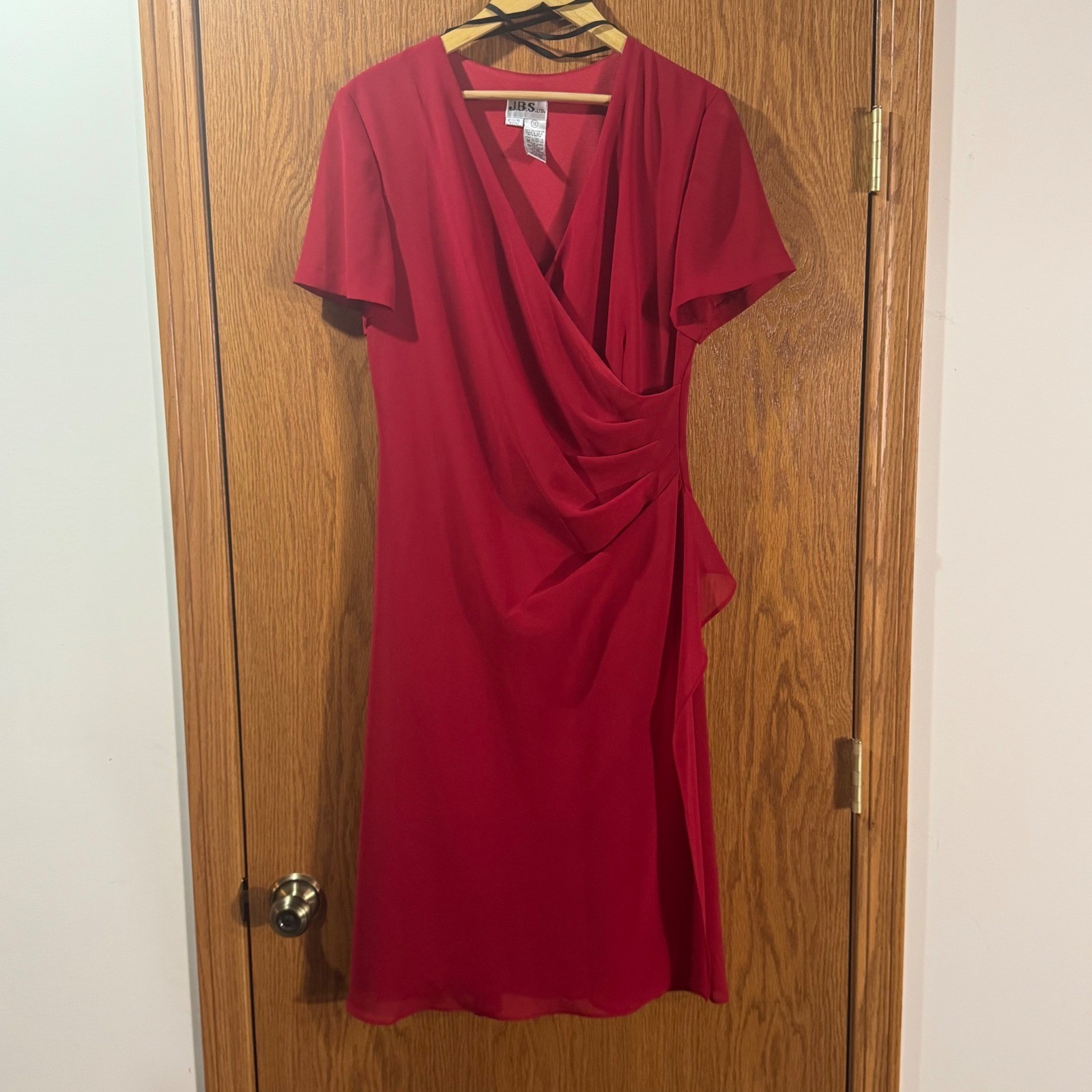 Vintage JBS Ltd Red Faux Wrap Chiffon Midi Dress Womens 12 Short Sleeve 932282