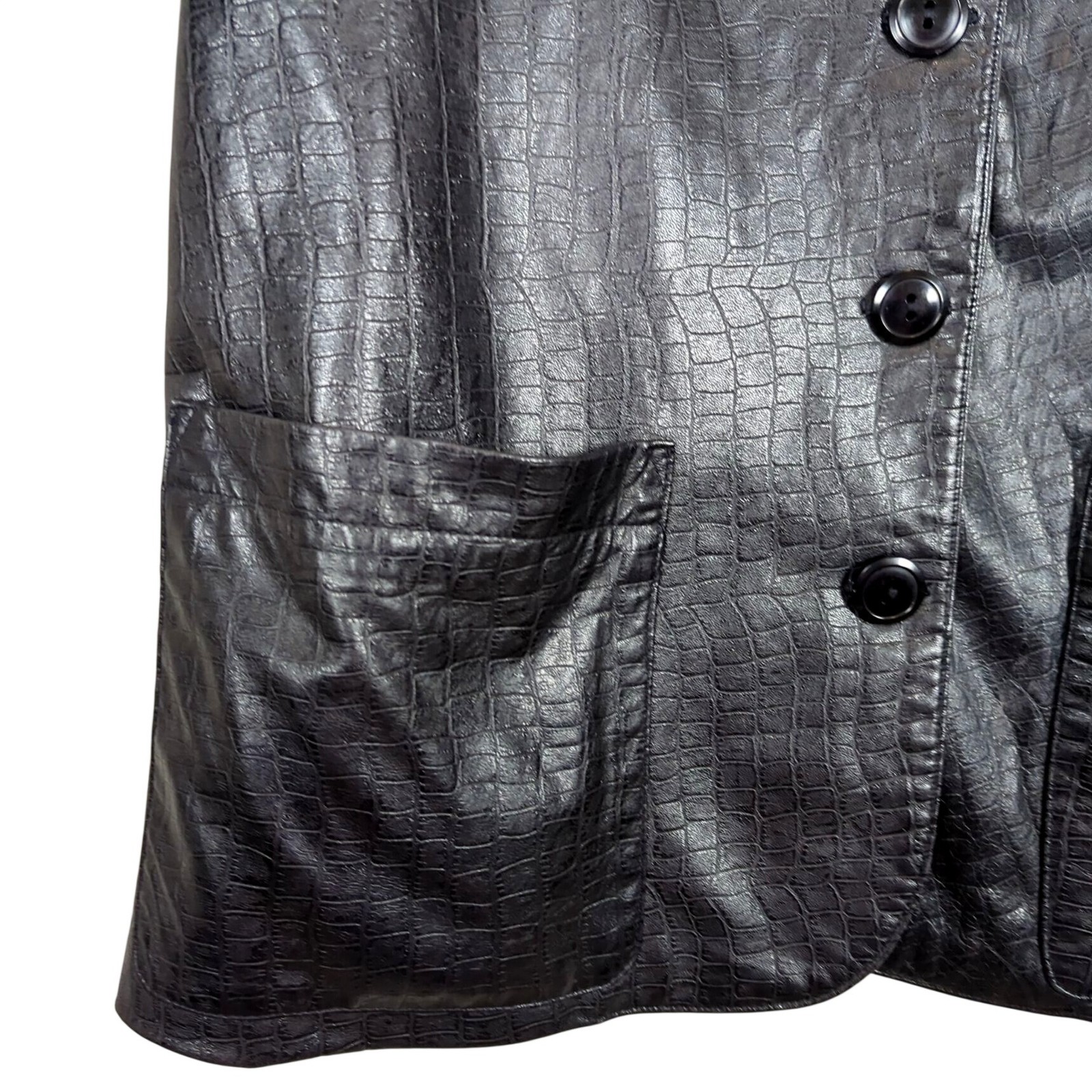 Vintage Vakko Leather Black Jacket Size M Croc Embossed USA Made Button Front