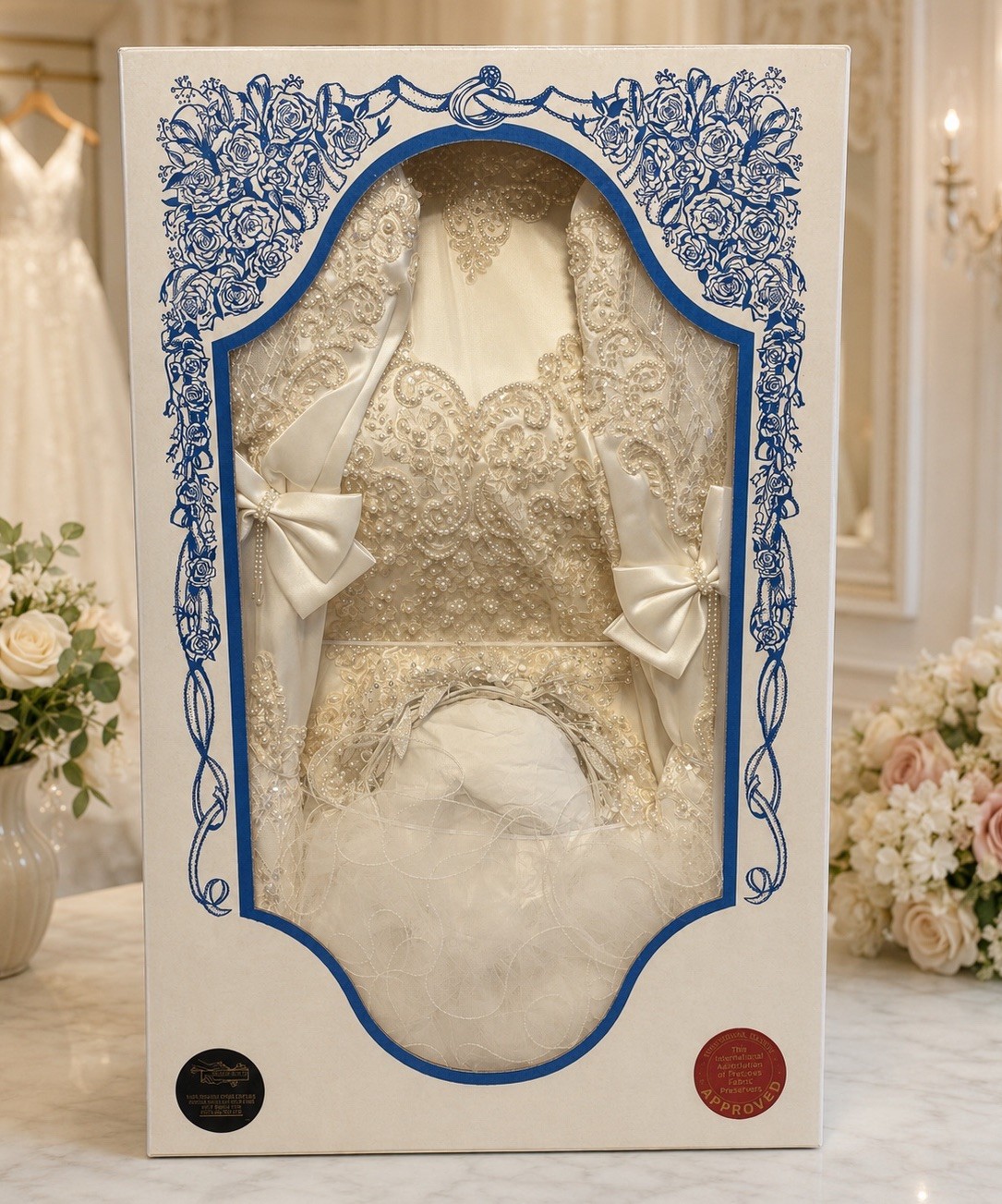 Vintage 1990’s Preserved Ivory Beaded Lace Wedding Dress Sealed w/ Veil As Is