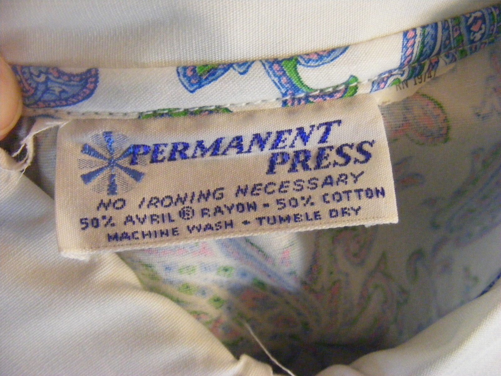 60s SHIRT DRESS RAYON COTTON DEADSTOCK IN BAG BLUE PAISLEY SHORT CUFF SLEEVE M