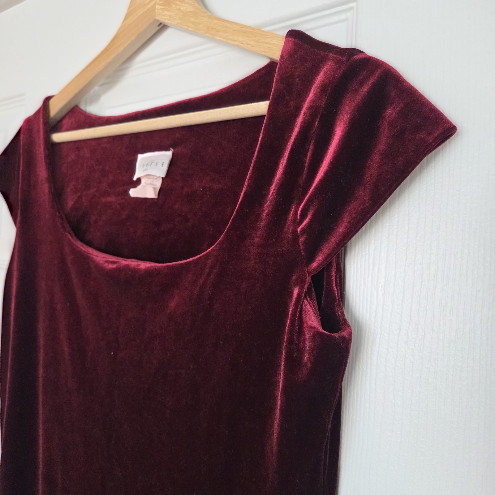 Sz Medium Vintage Finesse USA Y2K Burgandy Velvet Mini Dress 90s Cap Sleeves