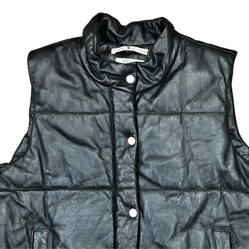 VTG Y2K Tommy Hilfiger Black Leather Puffer Vest XL Zip Snap Streetwear Normcore