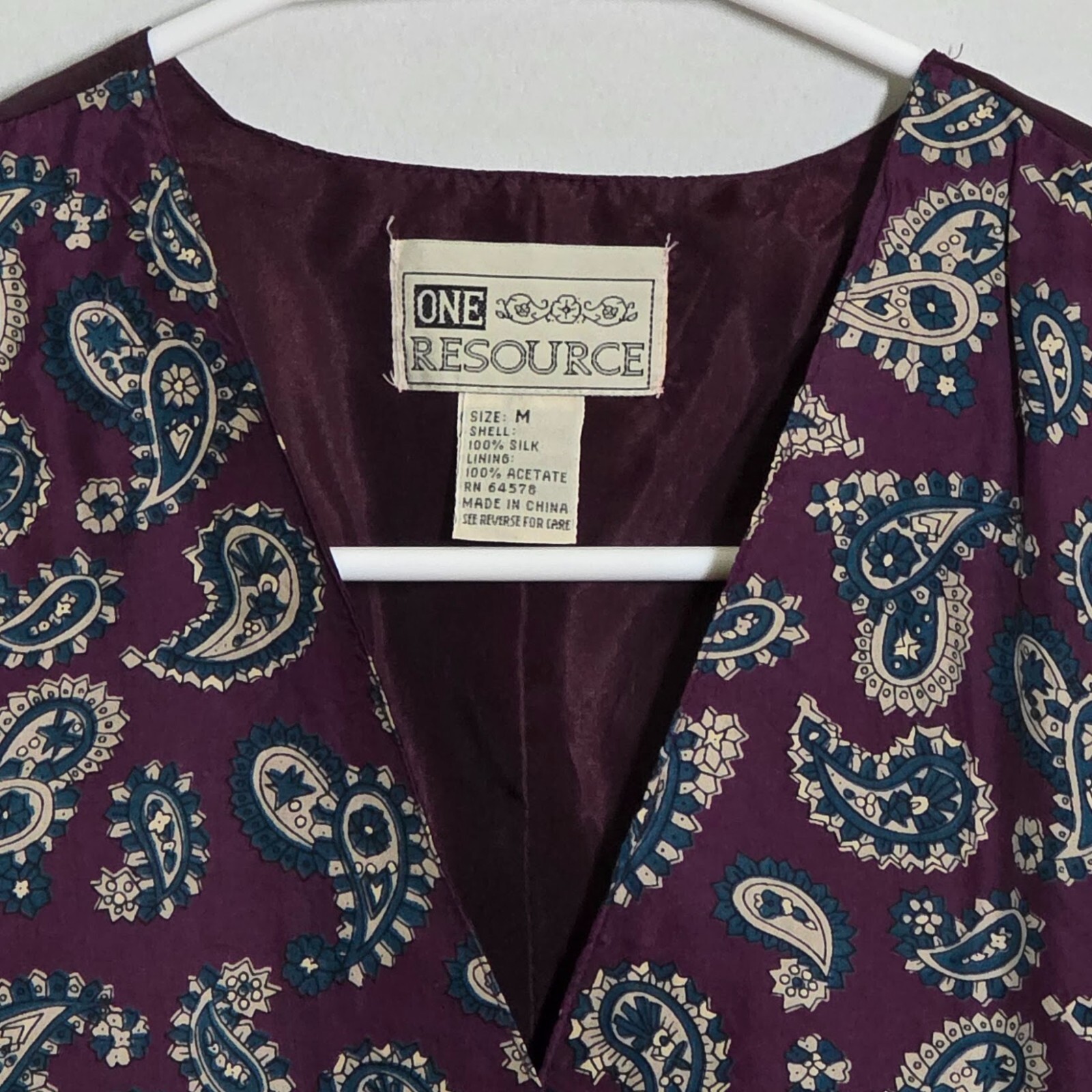 💜 VTG 80s–90s One Resource Silk Vest | Purple Gray Blue Paisley | M | Groovy!!!