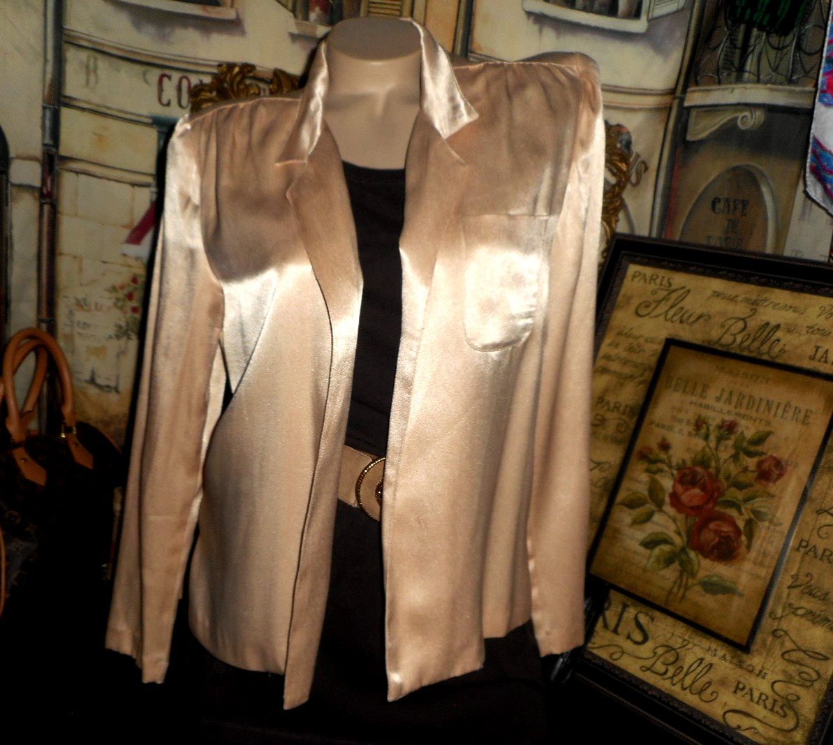 8 10 VinTage Satin Blazer Open Front Fly-a-way No Button Gold 1980’s Executive