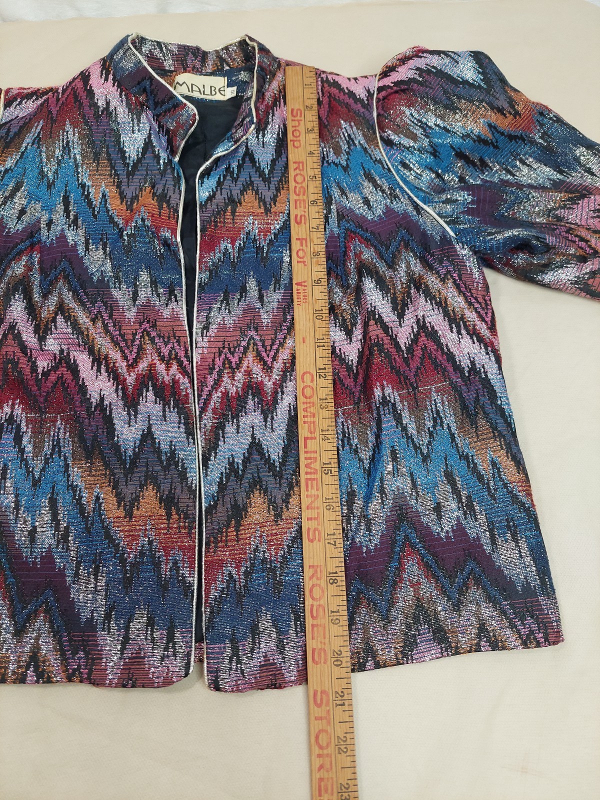 Vintage 80s Metallic Brocade Jacket Womens XS S Cropped Puff Sleeve Ikat Zig Zag