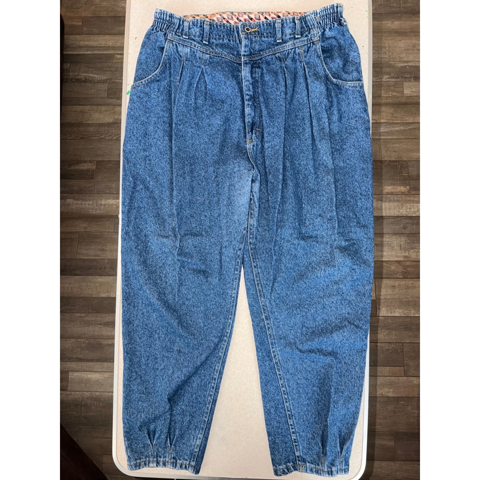 Vintage 90s Acid Wash Pleated Tapered Leg Jeans Blue Denim Plus Size 24W M USA