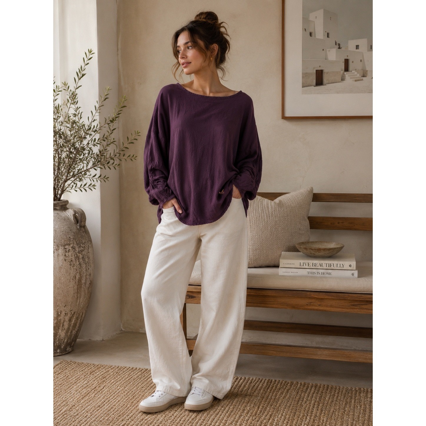 Oh My Gauze! Cotton Oversized Purple Peasant Top Balloon Sleeve Boho Tunic OS