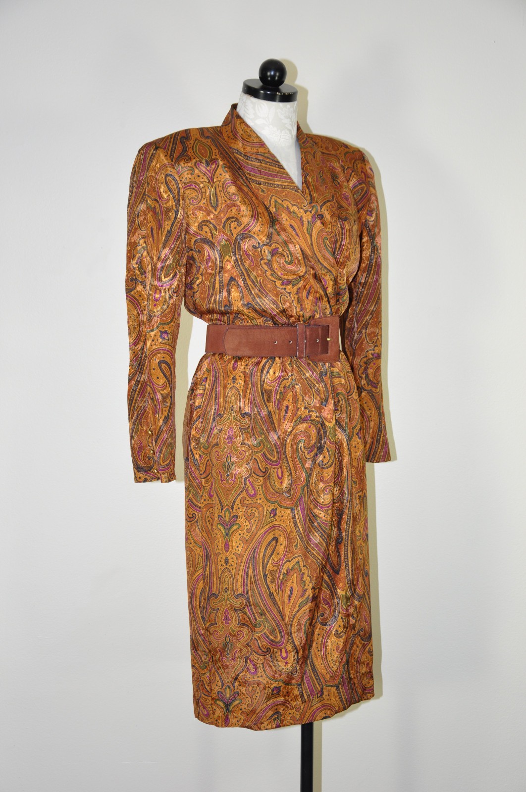 80s Vintage Spice Brown Silky Charmeuse Paisley Strong Shoulder Dress Women S M