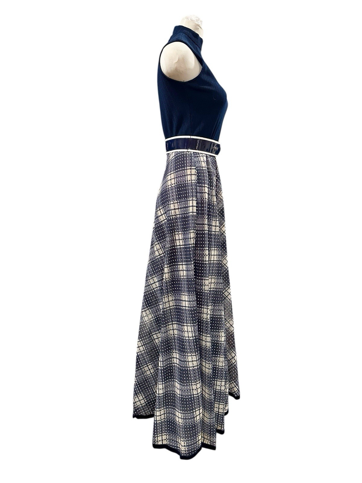 Mod Vtg Maxi Dress – Navy/White, Knit Mock Top, Plaid Voile Skirt, Orig Belt S