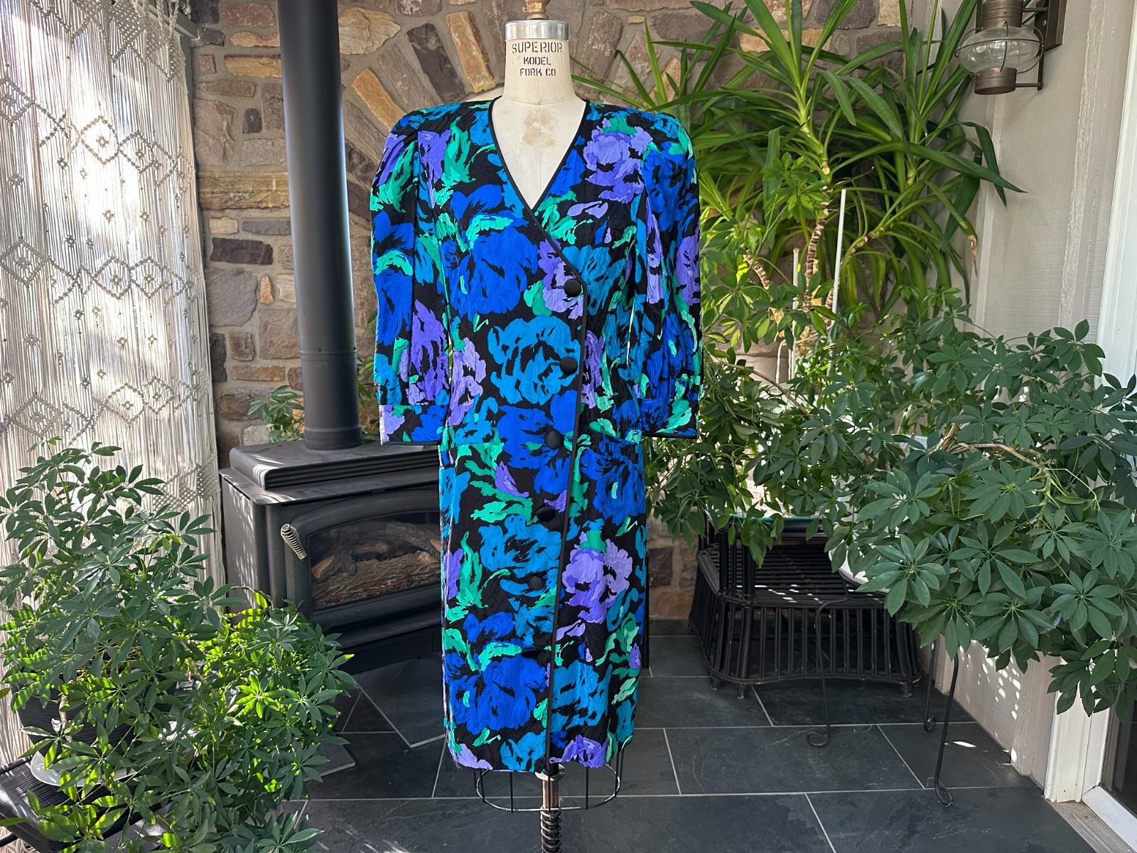Vintage 1980s Black Blue Purple Green Silk Abstract Floral Dress Silk Studio