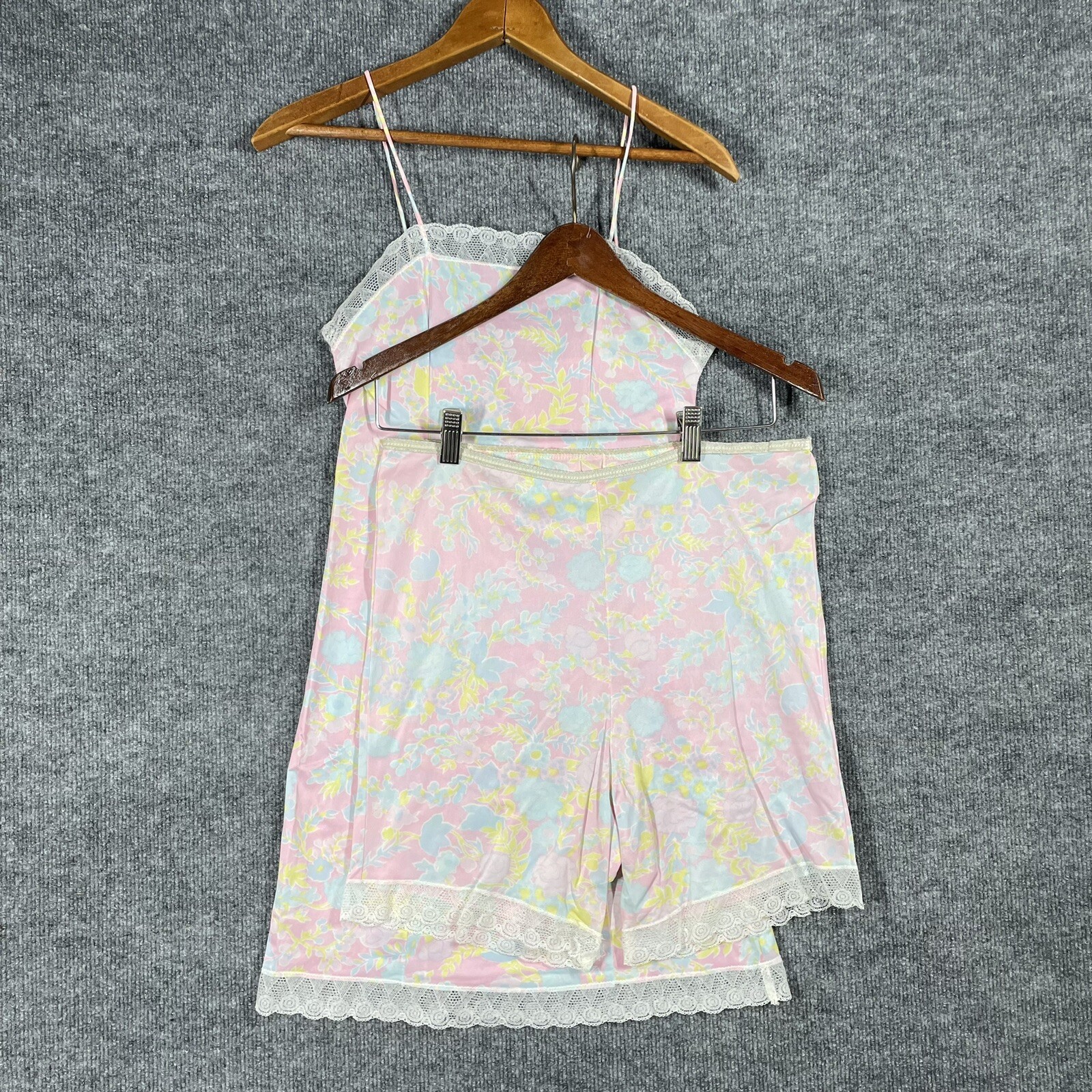 VINTAGE 60s 70s Chemise & Bloomer Set Pink Floral Lingerie American Maid Lace