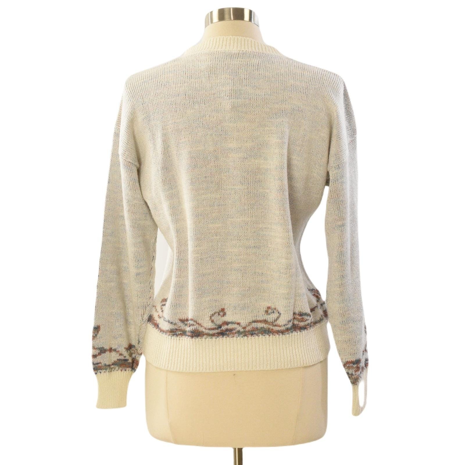 70s Floral Intarsia Sweater Womens L Cream Space Dye Abstract Crew Neck Acrylic