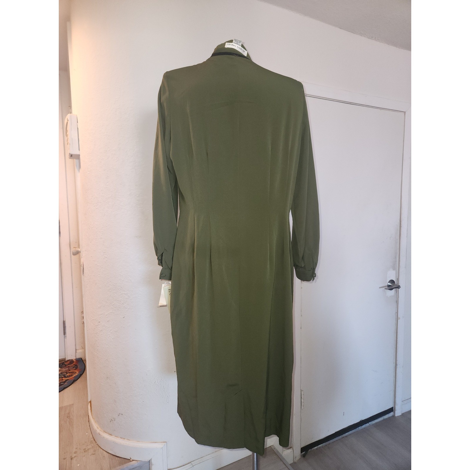 Hana Sung NEW Vintage Olive Green Wavy Trim Button Front Midi Dress Size 14
