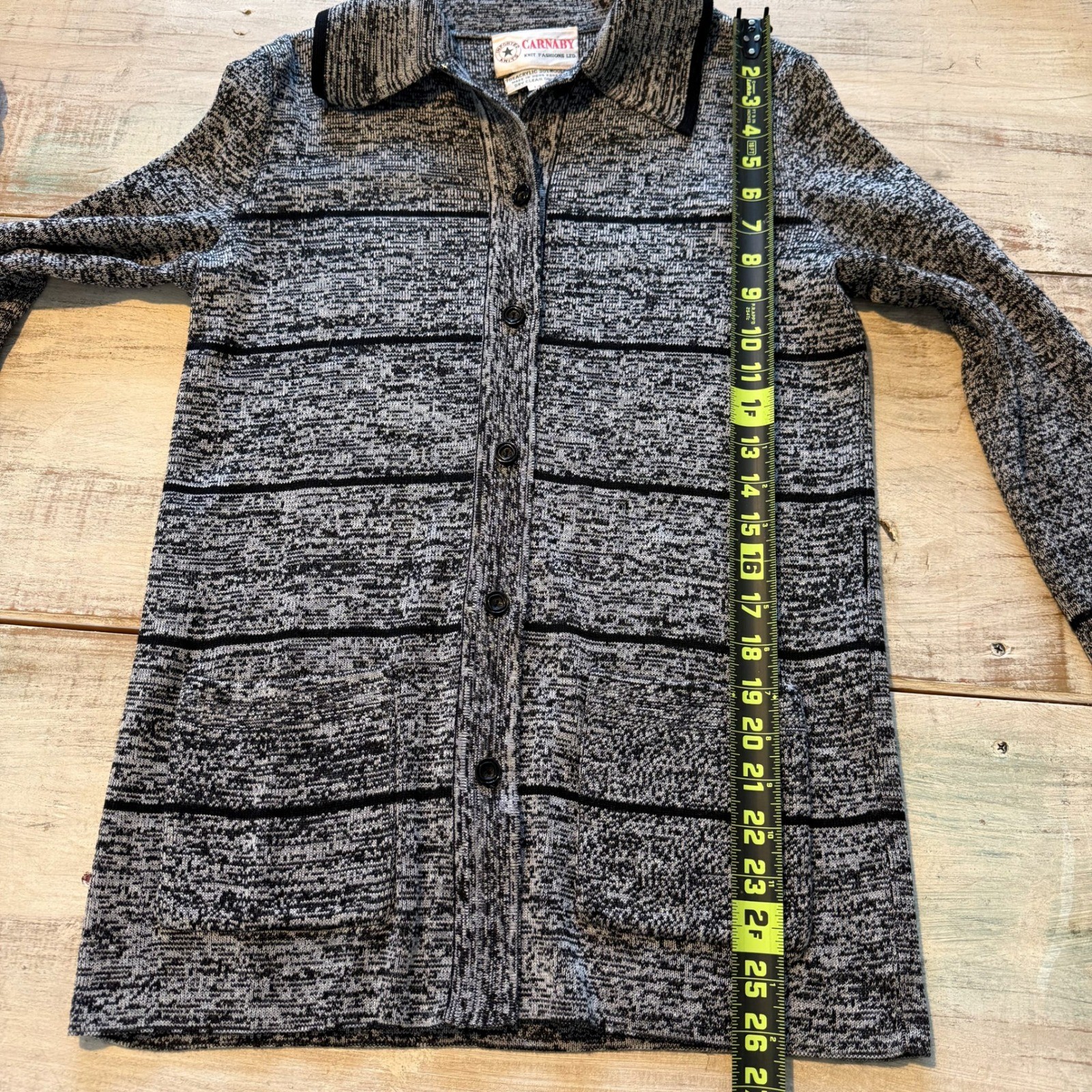 Vintage Carnaby Knit Fashions Grey Marled Striped Wool Blend Cardigan Size 14