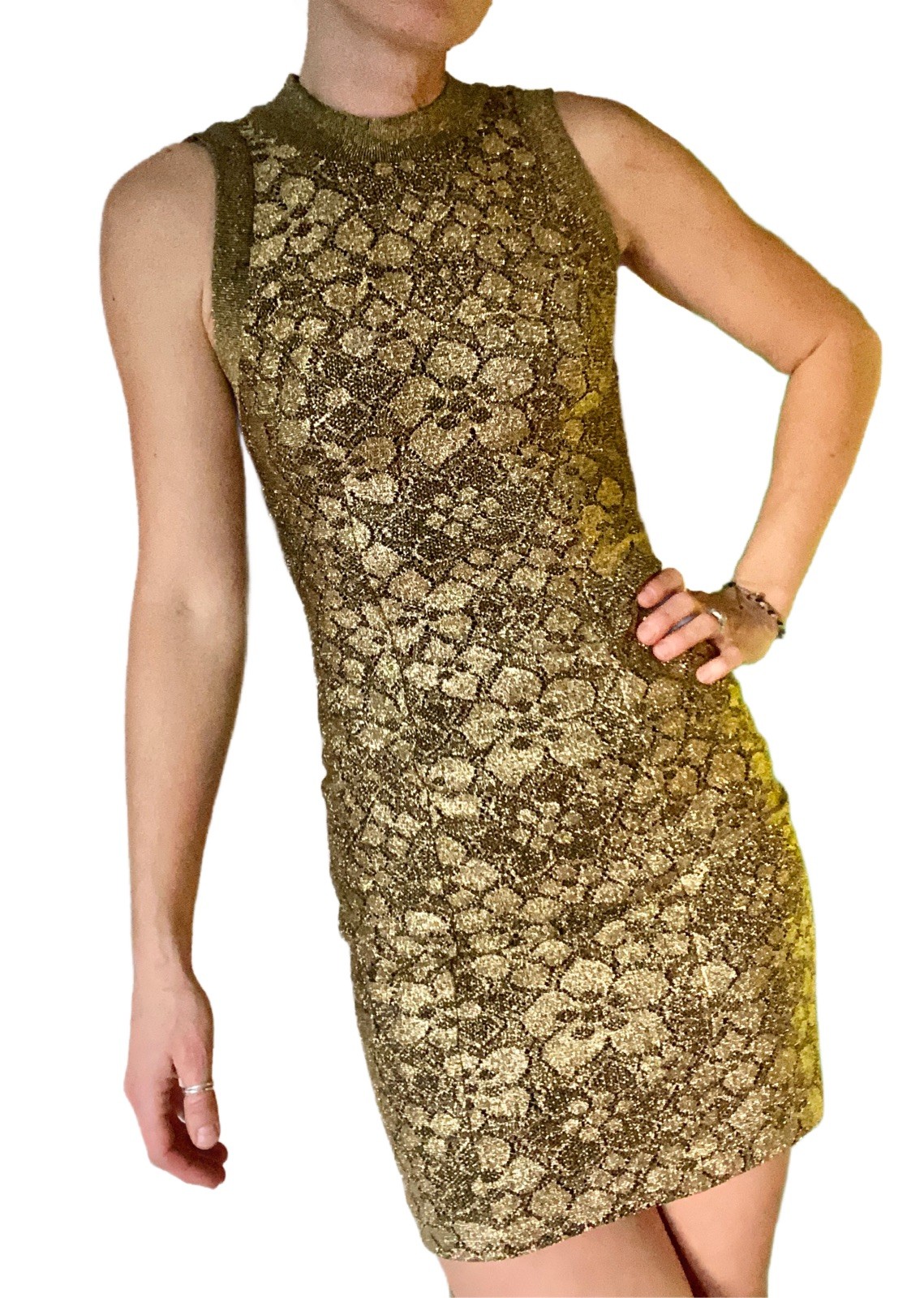 Karen Okada 'Climax’ for David Howard 80s Gold Bodycon Mini Floral Lace Dress
