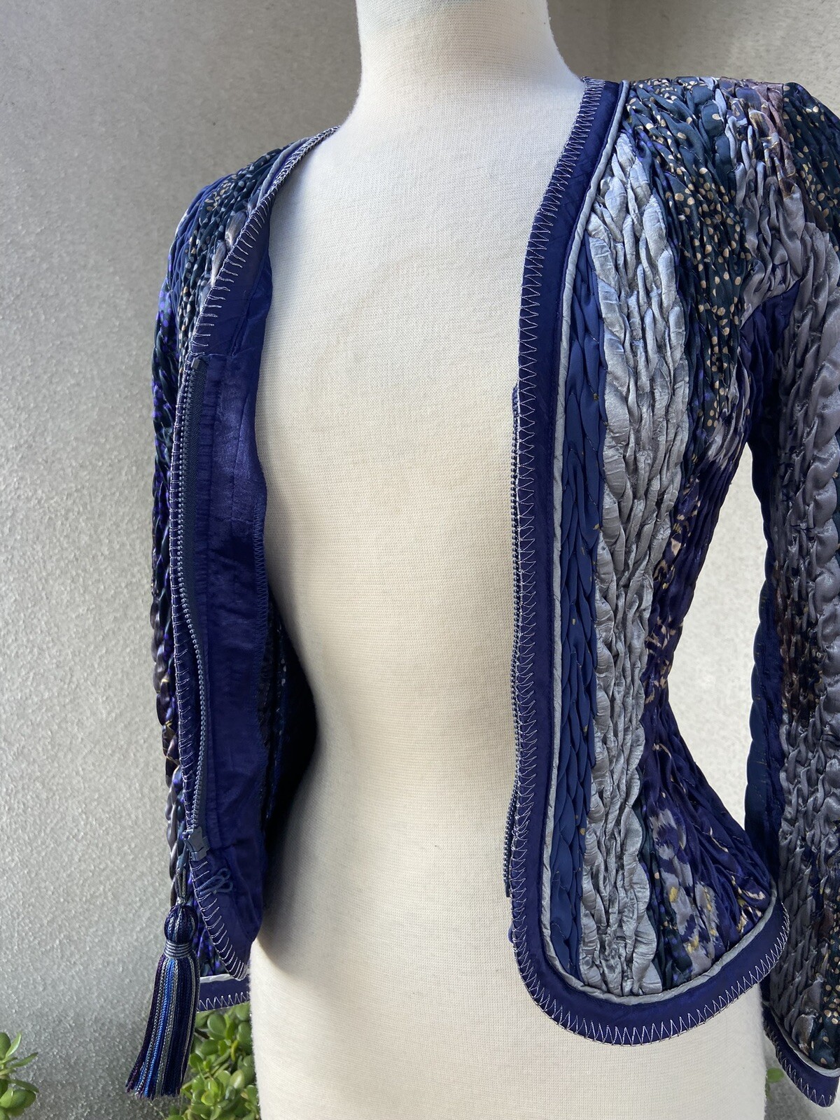 vintage Jacket 80s Jeanne Marc ruched Blue Grey Sz XS Petite 2