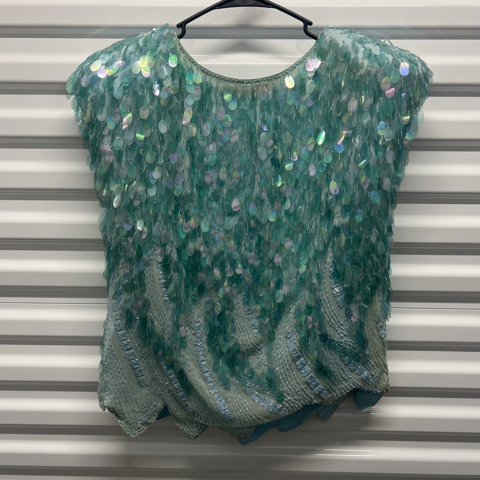 Mark Cheung Womens Sequin Silk Top L Aqua Blue Beaded Vintage Scalloped Evening