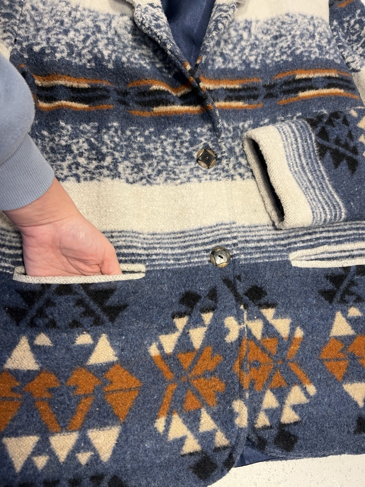 Vintage 90s Flashback Southwestern Wool Blanket Jacket Aztec Blue Tapestry Coat