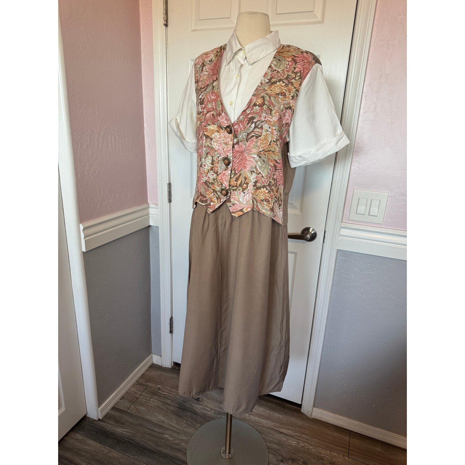 VTG Carole Little Floral Vest Layered Midi Dress Tan Pink 90s Cottagecore SZ 10