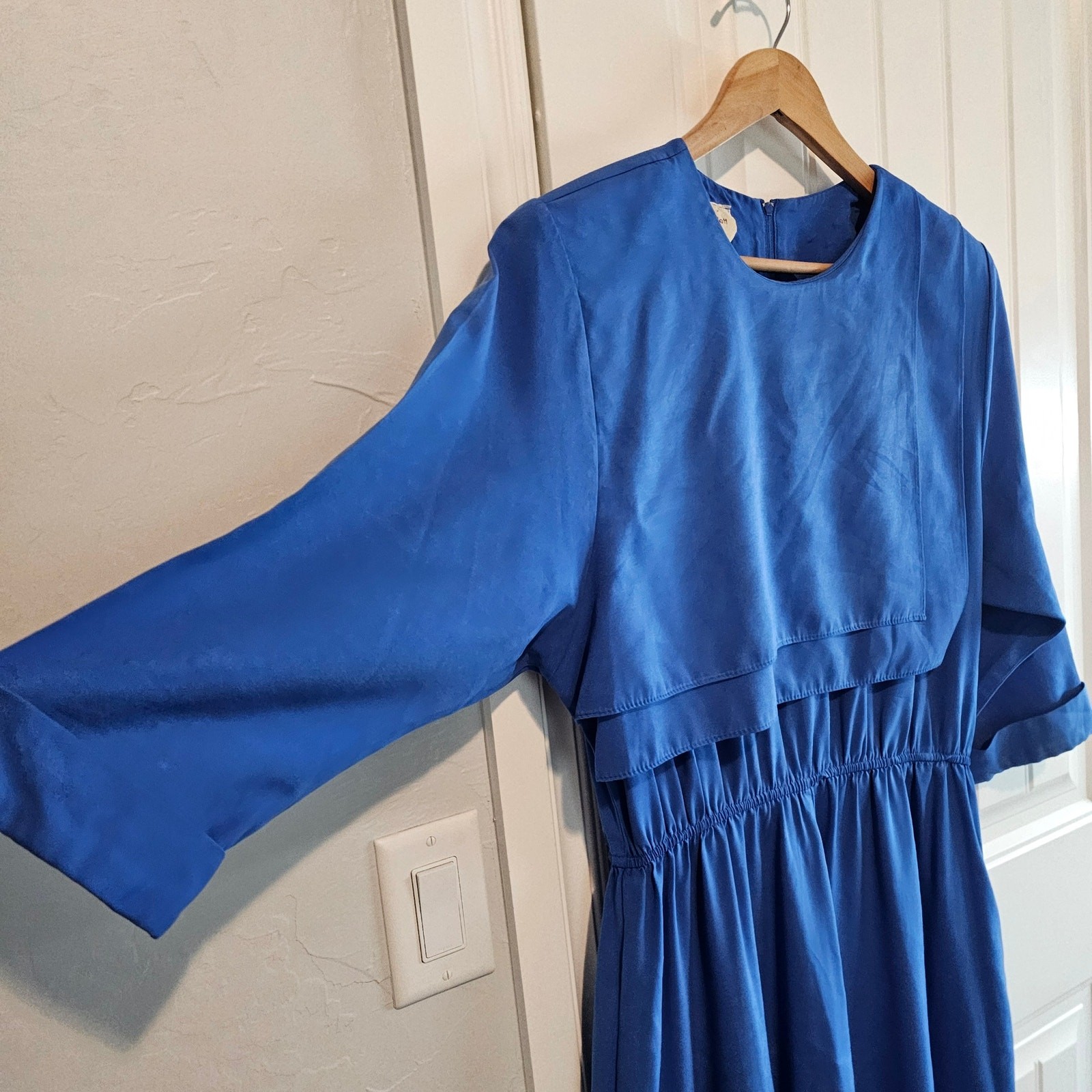 Vintage Shirt Dress Womens 13/14 Blue Lagenlook 80s Pleated Midi Retro Mod Glam