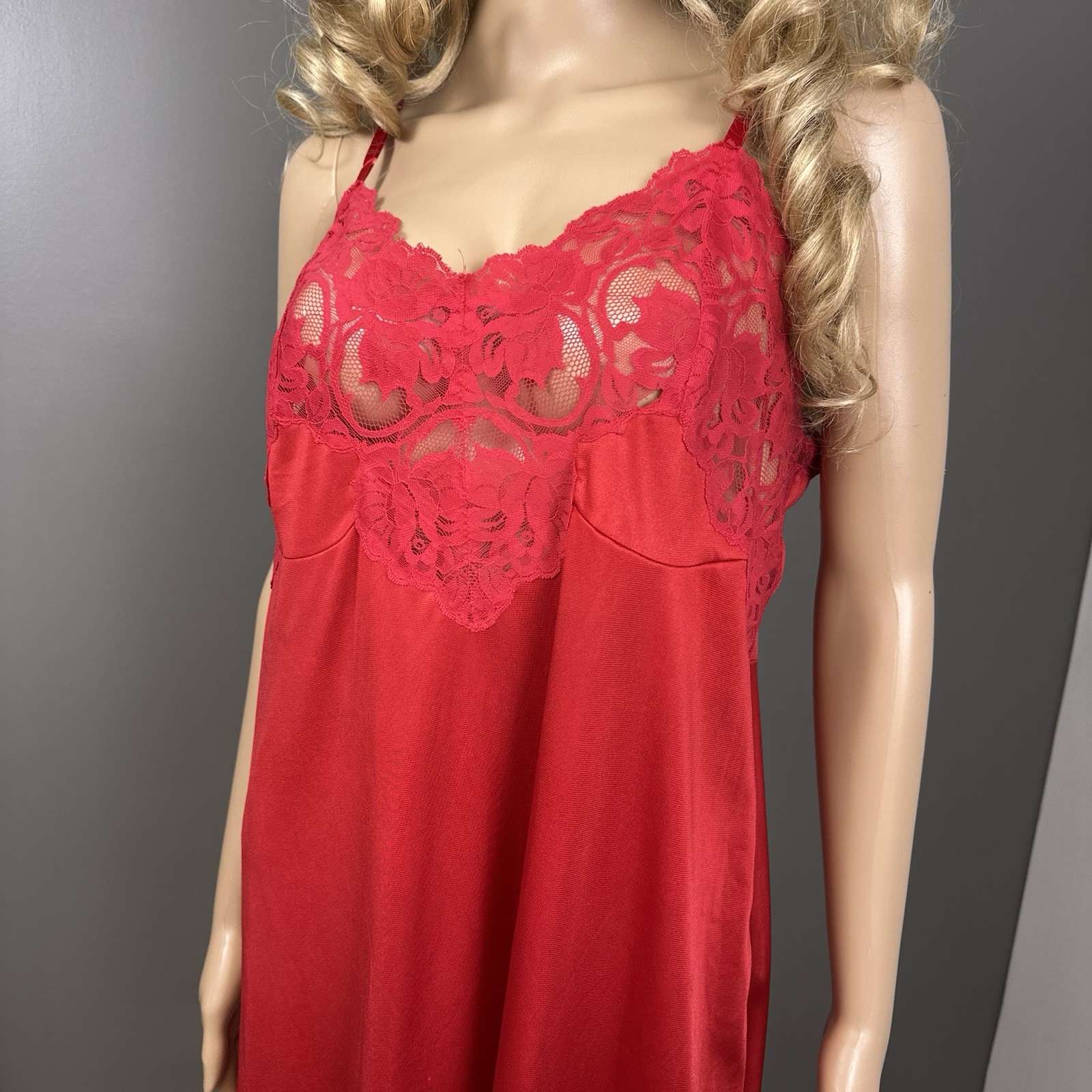 Vintage Full Slip Dress Red Antron III Nylon USA Made Size 40 XL Sheer Lace