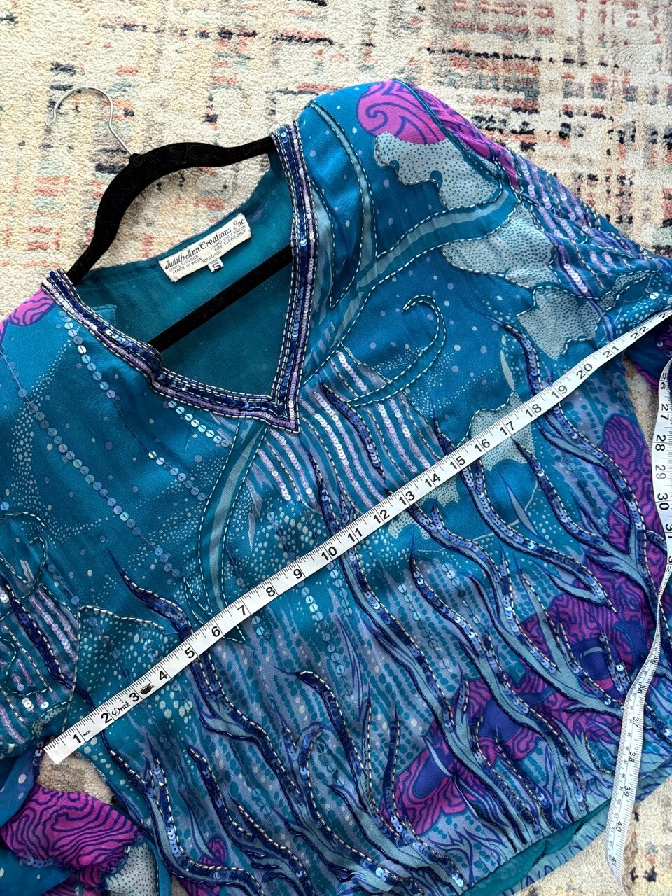 Electric blue and purple vintage silk top, beaded, sequin