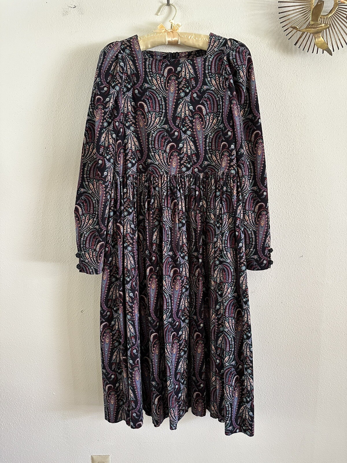 1980s Laura Ashley Paisley Floral Corduroy Dress Puff Sleeve Party Prairie VTG