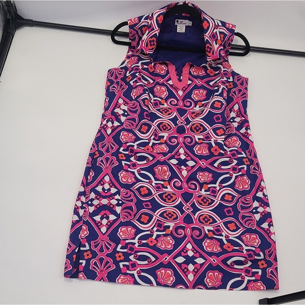 Vineyard vines pink purple white cotton v neck aztec print midi dress size 10
