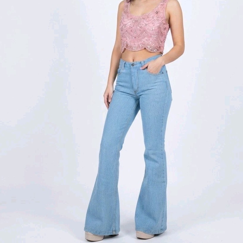 Mosh Y2K Flared Low Rise Denim Jeans XXS Stretch Bell Bottoms Cyber punk Rave 6