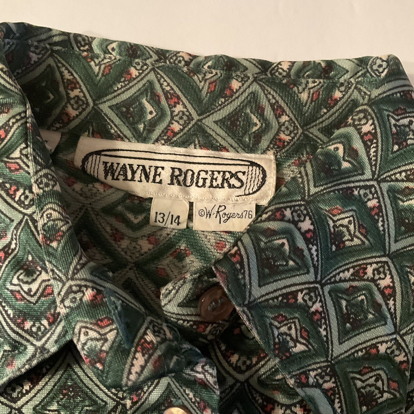 70s Wayne Rogers Shirt Nylon Designer Green Multiprint zipper Graphic M Button