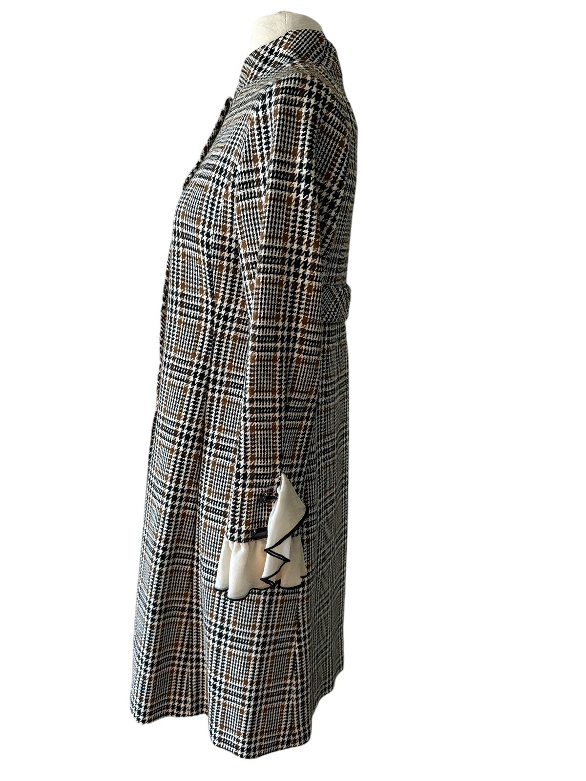 Vtg Mod Saks Fifth Avenue Brown Black Wool Tweed Plaid Dress Mandarin Collar M