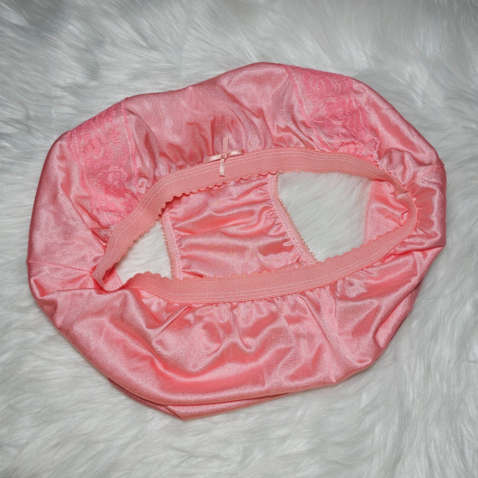 VTG Silky Nylon Panty Sissy Lace Peach Granny Sheer Brief Size 8/XL Hip 40-44″