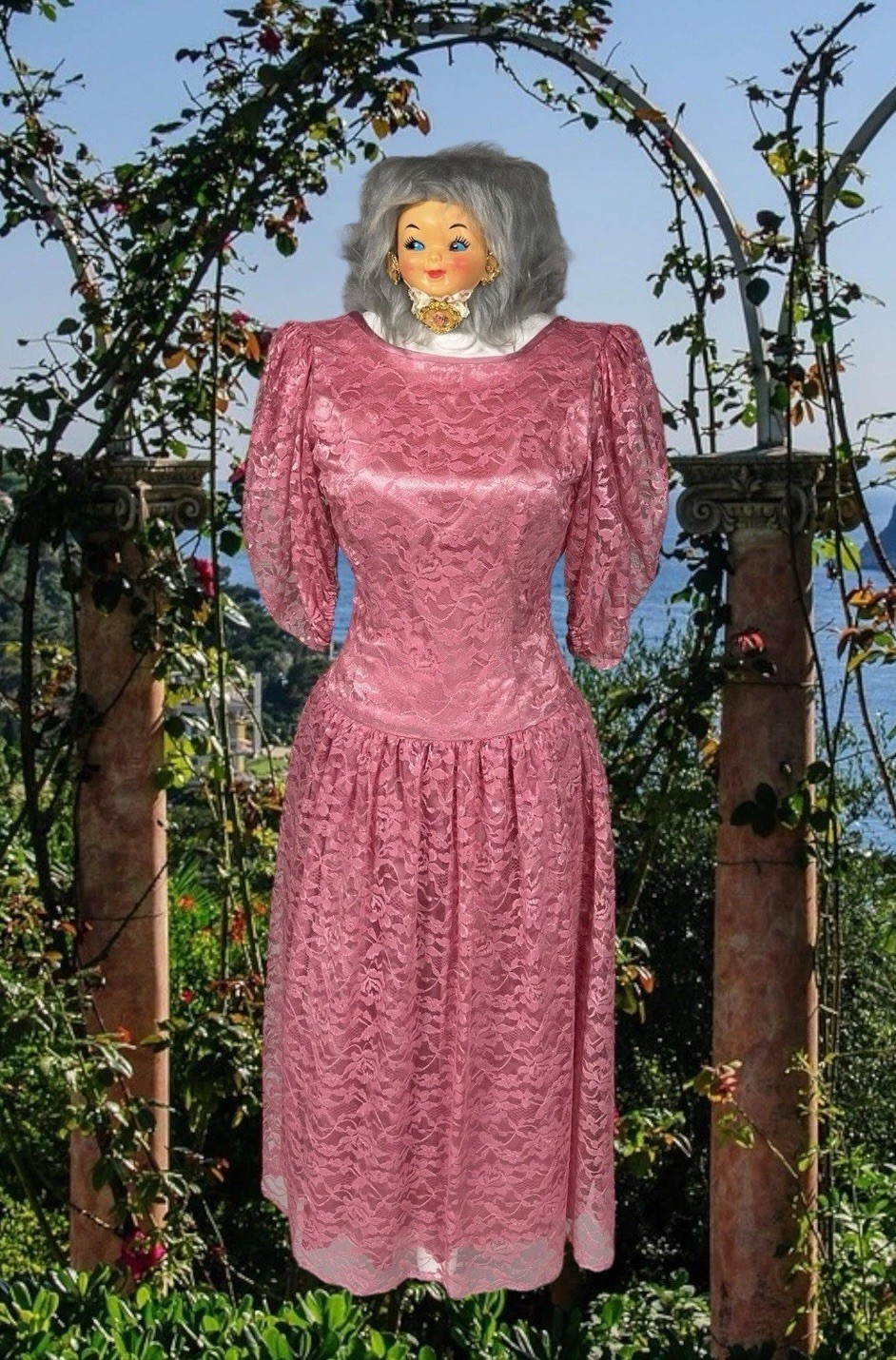 VINTAGE 1980s PRETTY PINK LACE NEW WAVE PUFF SLEEVE PROM PARTY DRESS VICTORIAN