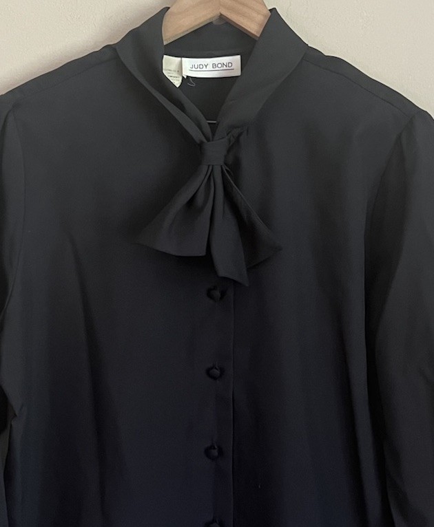Vintage Judy Bond Blouse Top Shirt Black Bow Secretary 70s 80s Size Large 12 14