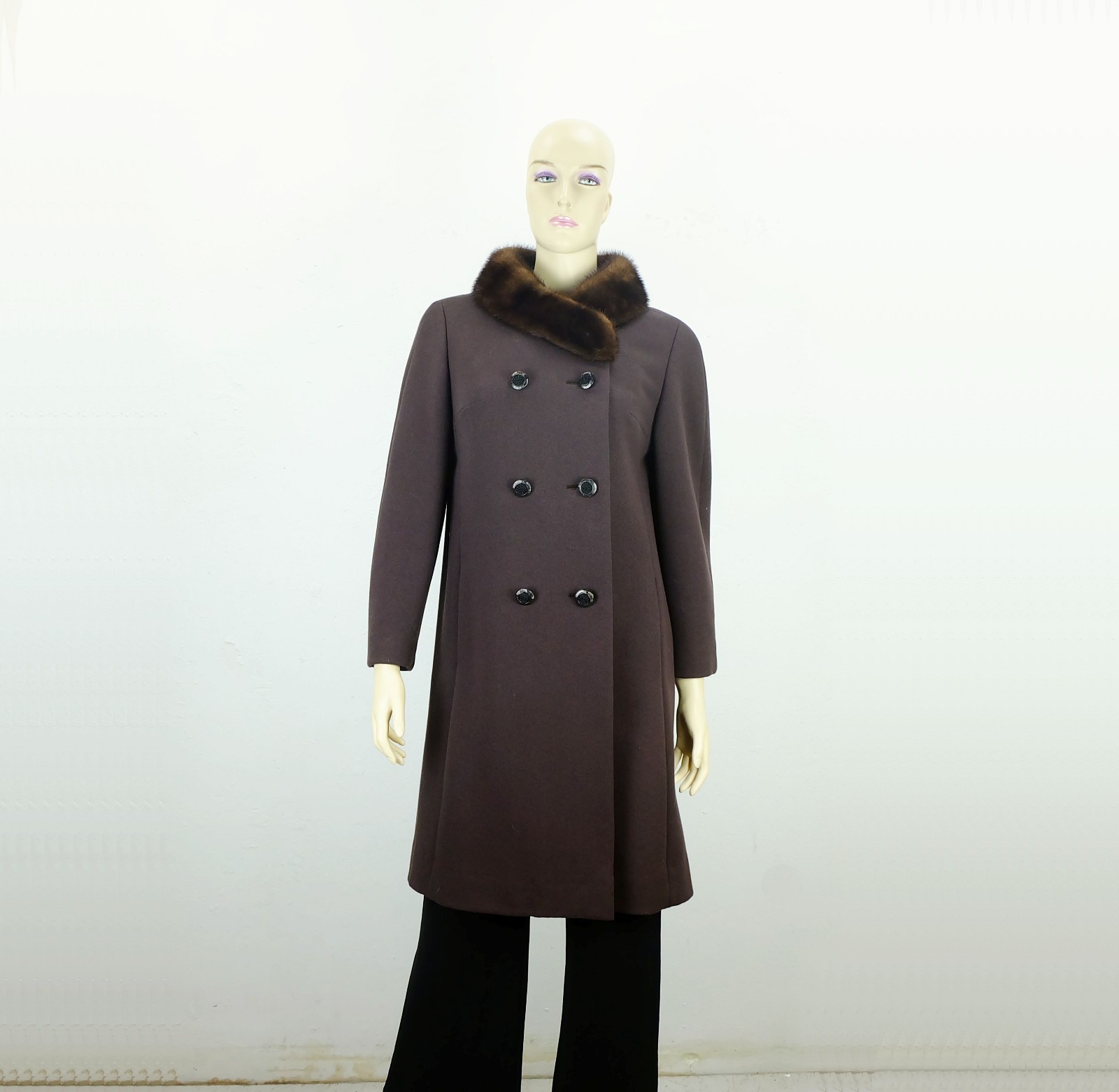 1960s COAT Del Mod International Brown Wool Fabric Mink Collar Size 38