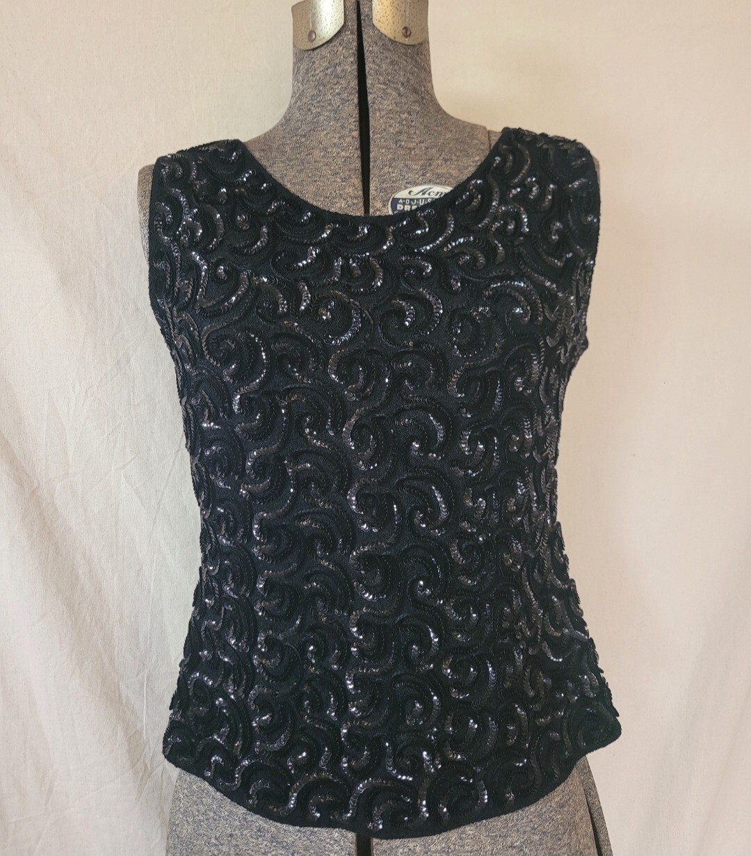 Vintage 50s MCM Black Sequin Top Tank Rockabilly Pin Up Halloween Metal Zip