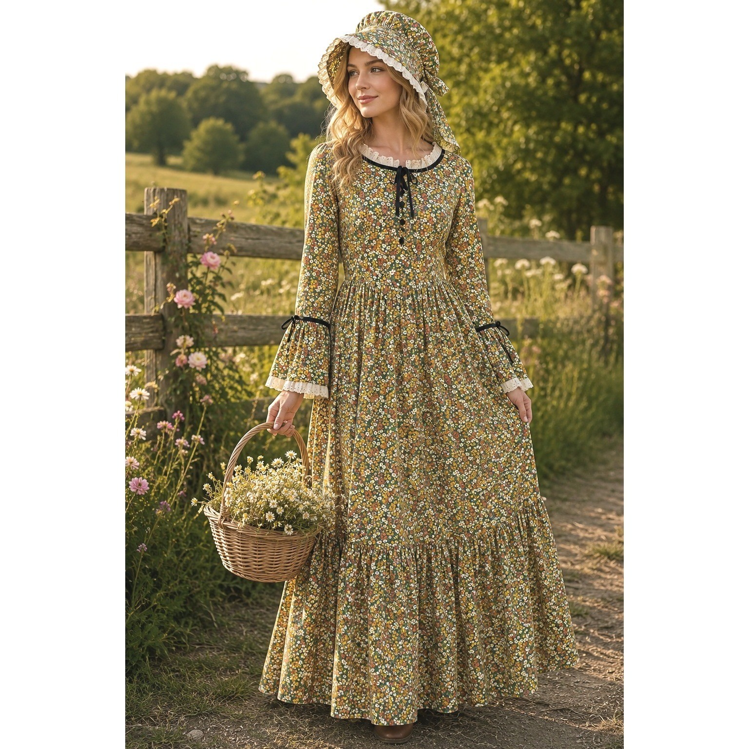 70s Unbranded Prairie Maxi Dress Cottagecore Boho Victorian Floral Bonnet
