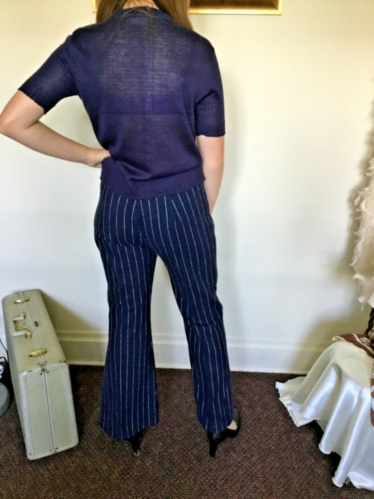 70’s Vintage Navy Blue Hippie White Striped Wide Leg Bell Bottom Pants „NWT”