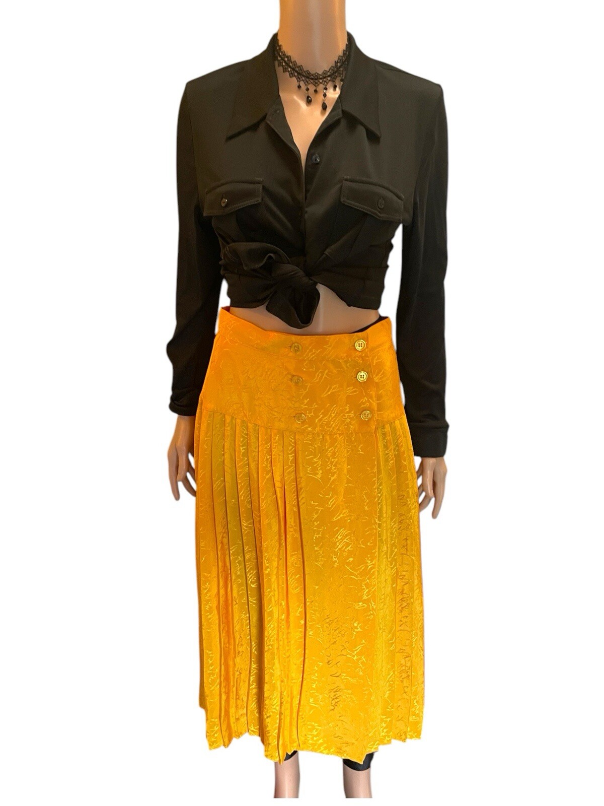 Pleated Skirt Vintage Maxi Fit And Flare Plisse Skirt Golden Yellow Satin Size S