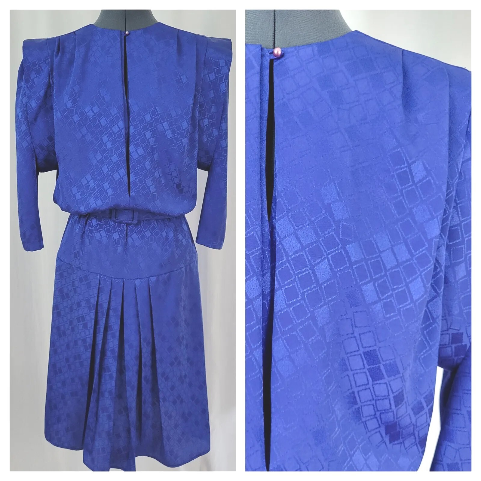 Vintage Charlee Allison Blue on Blue Squares Dress w Dropwaist Skirt Size 7/8