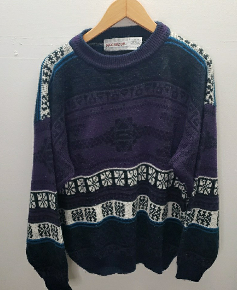 Vintage 90s McGregor Sweater Purple White Geometric Knit Men’s Sz Large EUC
