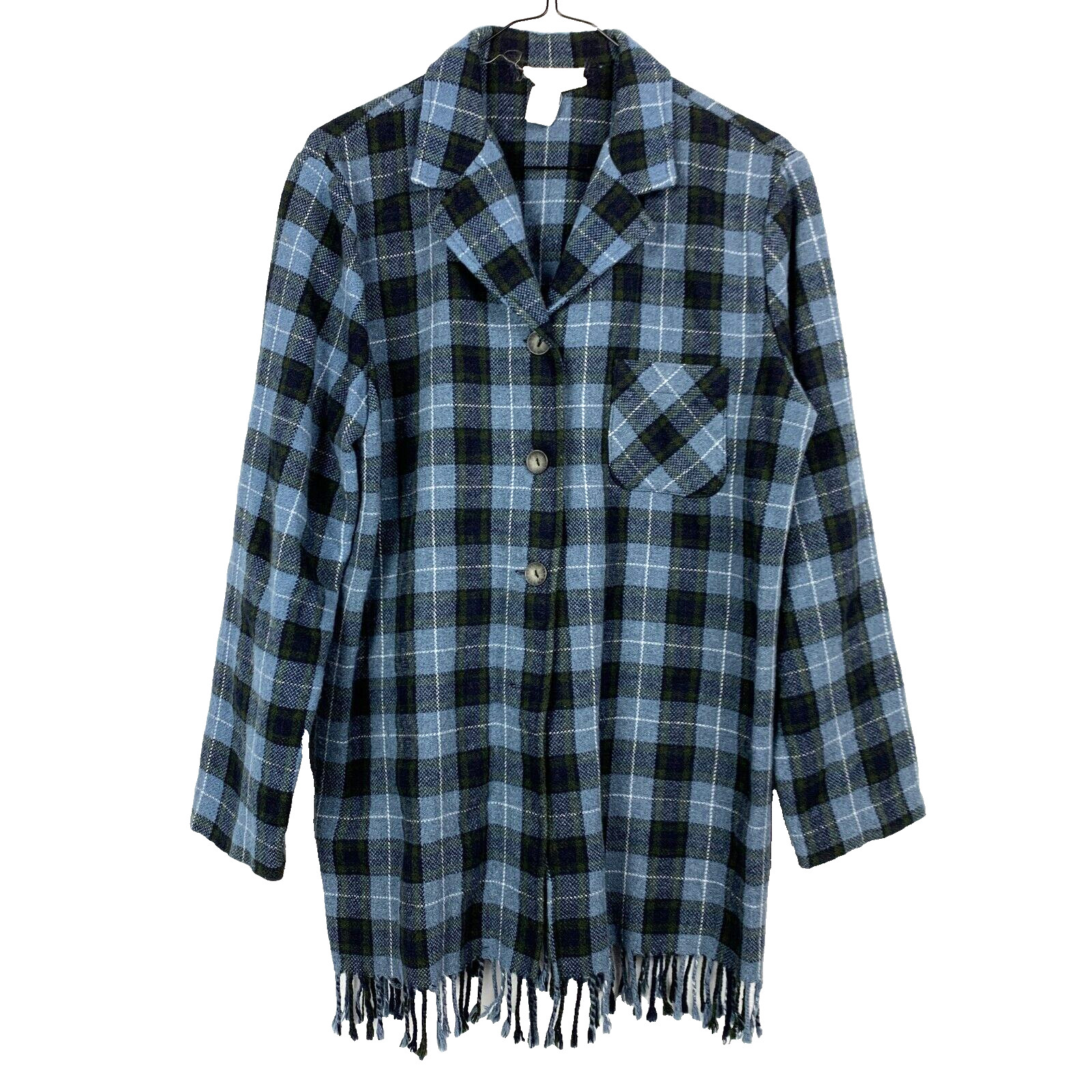 Vintage Tofy Blue Green Plaid Wool Blend Button Down Duster Shirt Size 12T