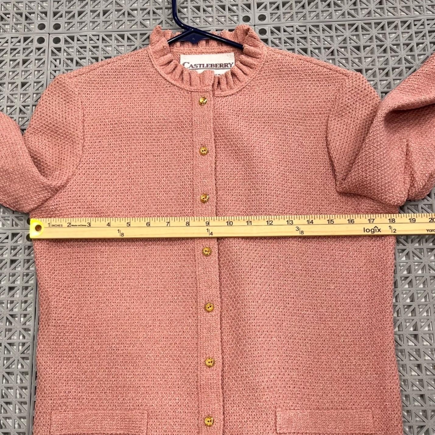 Vintage 70s 80s Castleberry Cardigan Skirt Set Size 8 Pink Knit Ruffle Classy