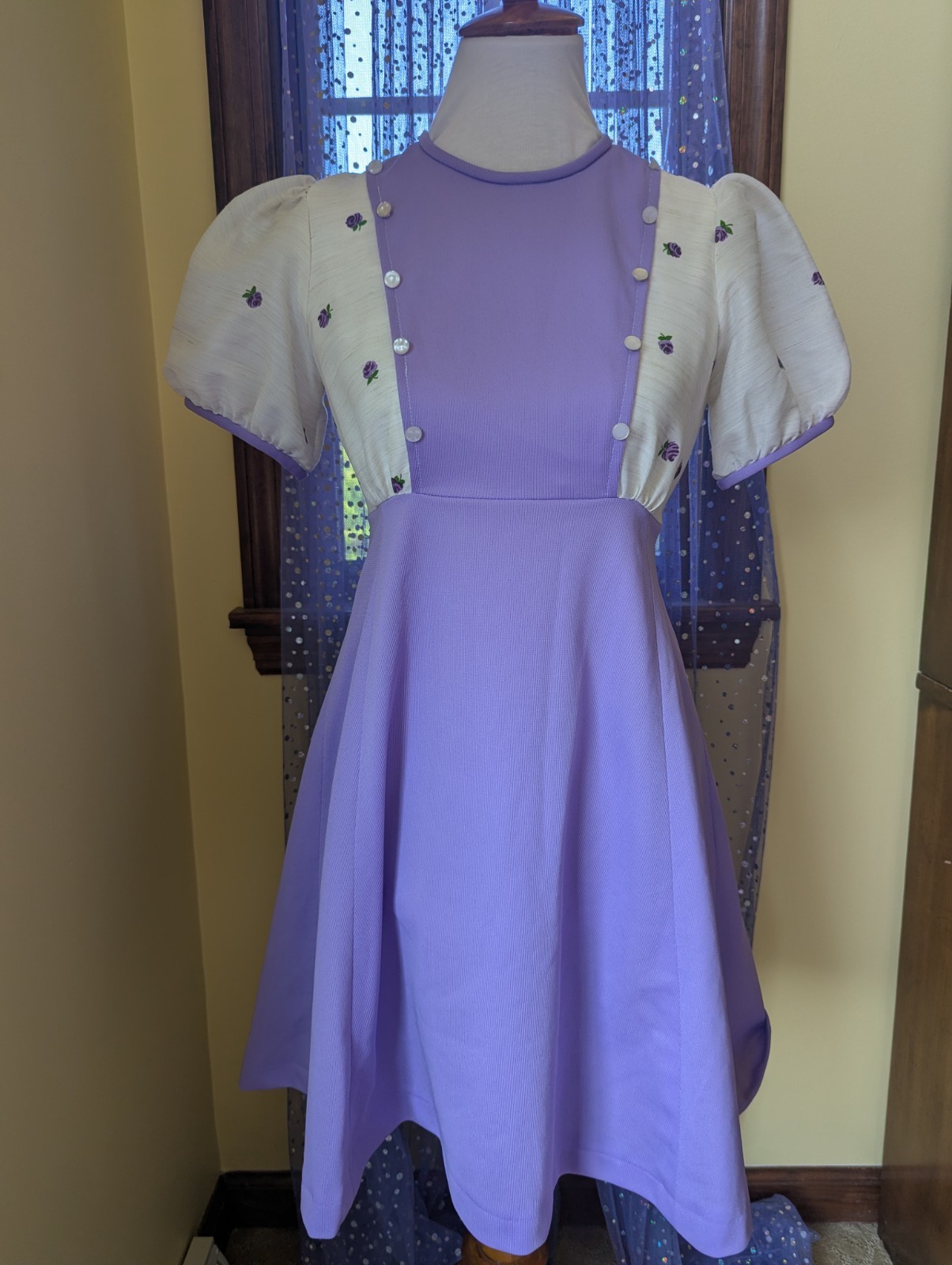 Vintage 70’s Purple Lavender Roses Puff Sleeves Babydoll Mini Dress Size Small