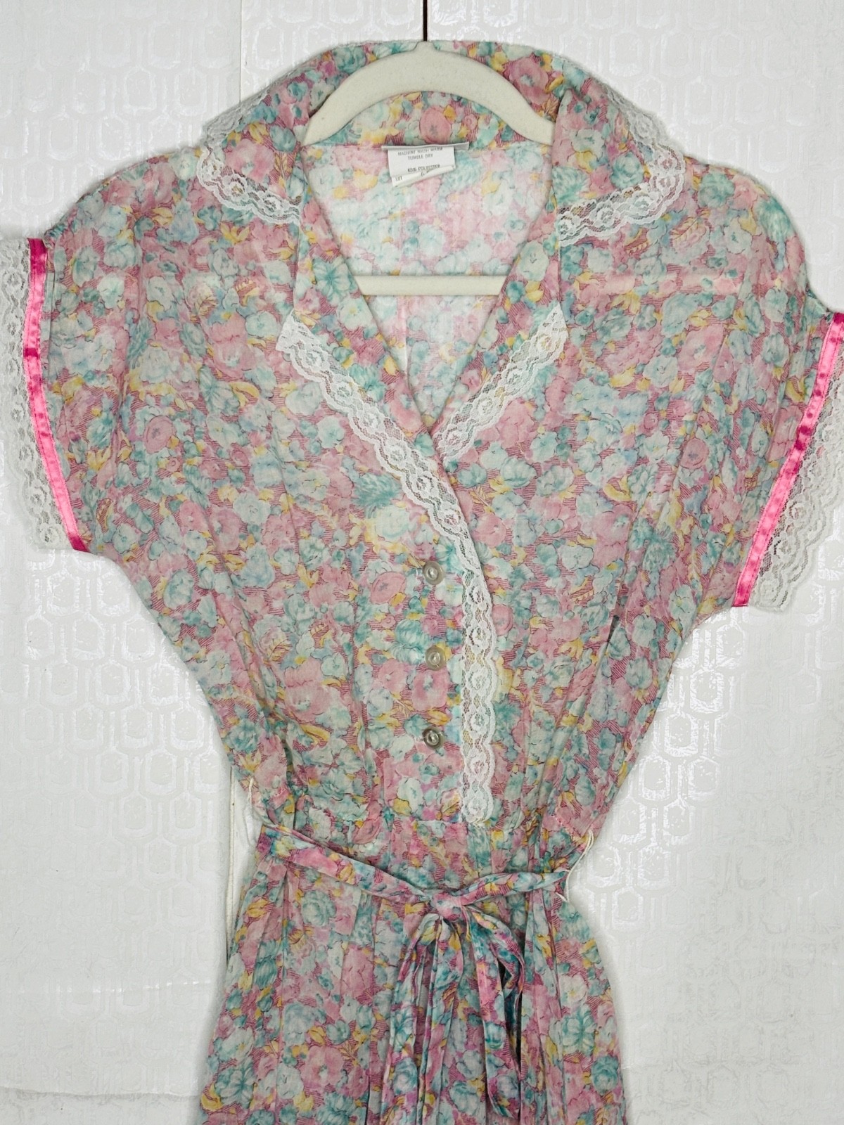 VTG 70’S AVON FASHION PINK FLORAL SEMI SHEER LACE TRIM COTTAGECORE BOHO*S