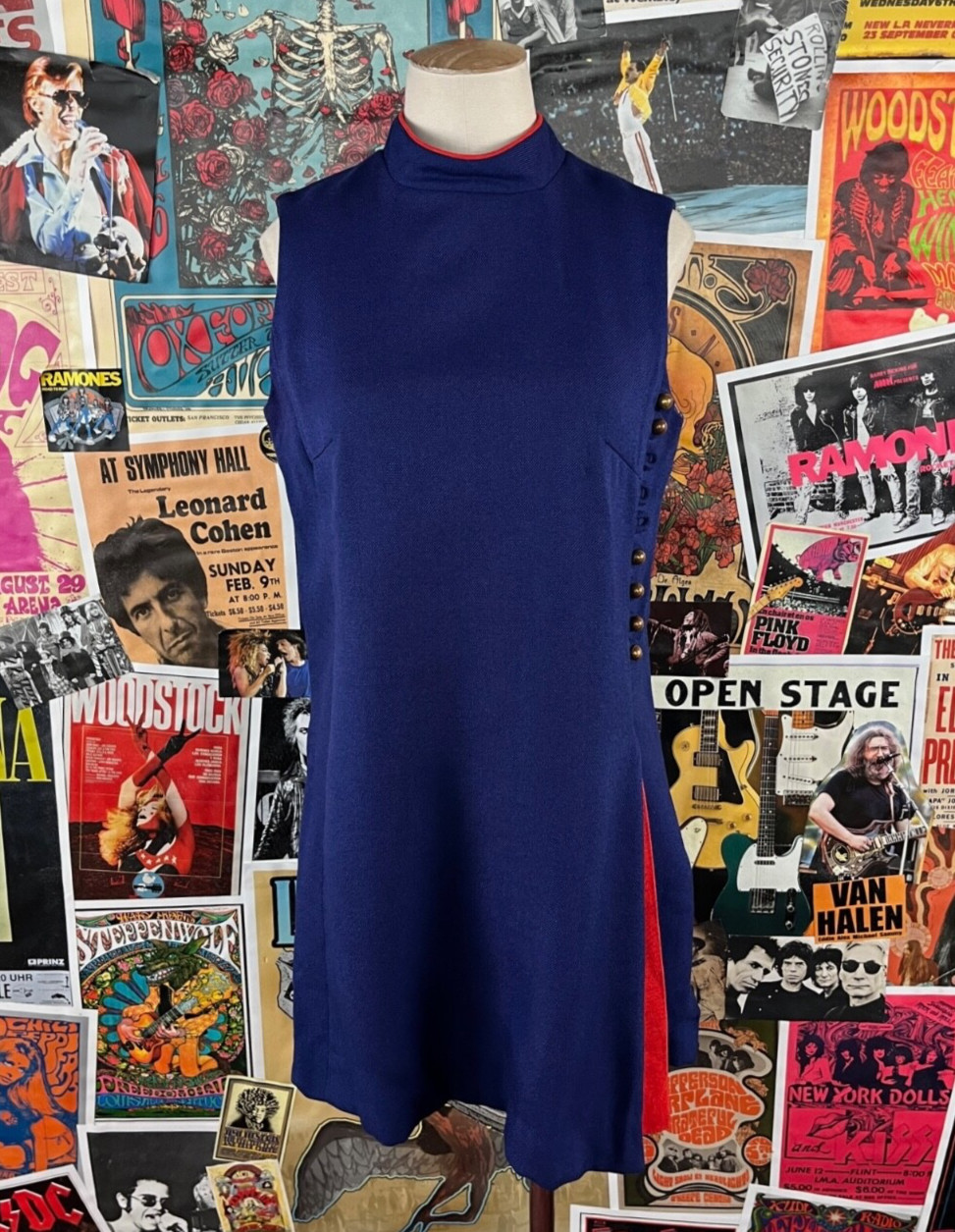 Vintage 60s 70s Blue Red Band Collar Sleeveless Mod Shift Dress Retro XS/S