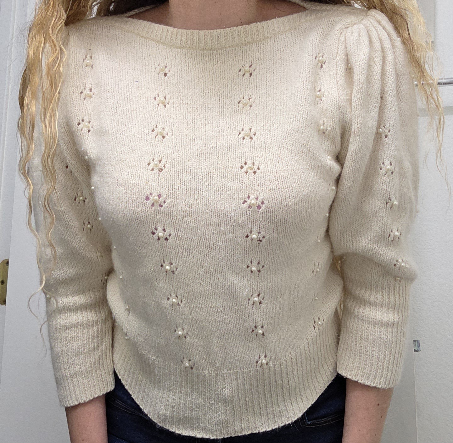 ​Vintage 80s FABE Ivory Pearl Beaded Sweater Silk Angora Blend Coquette Small