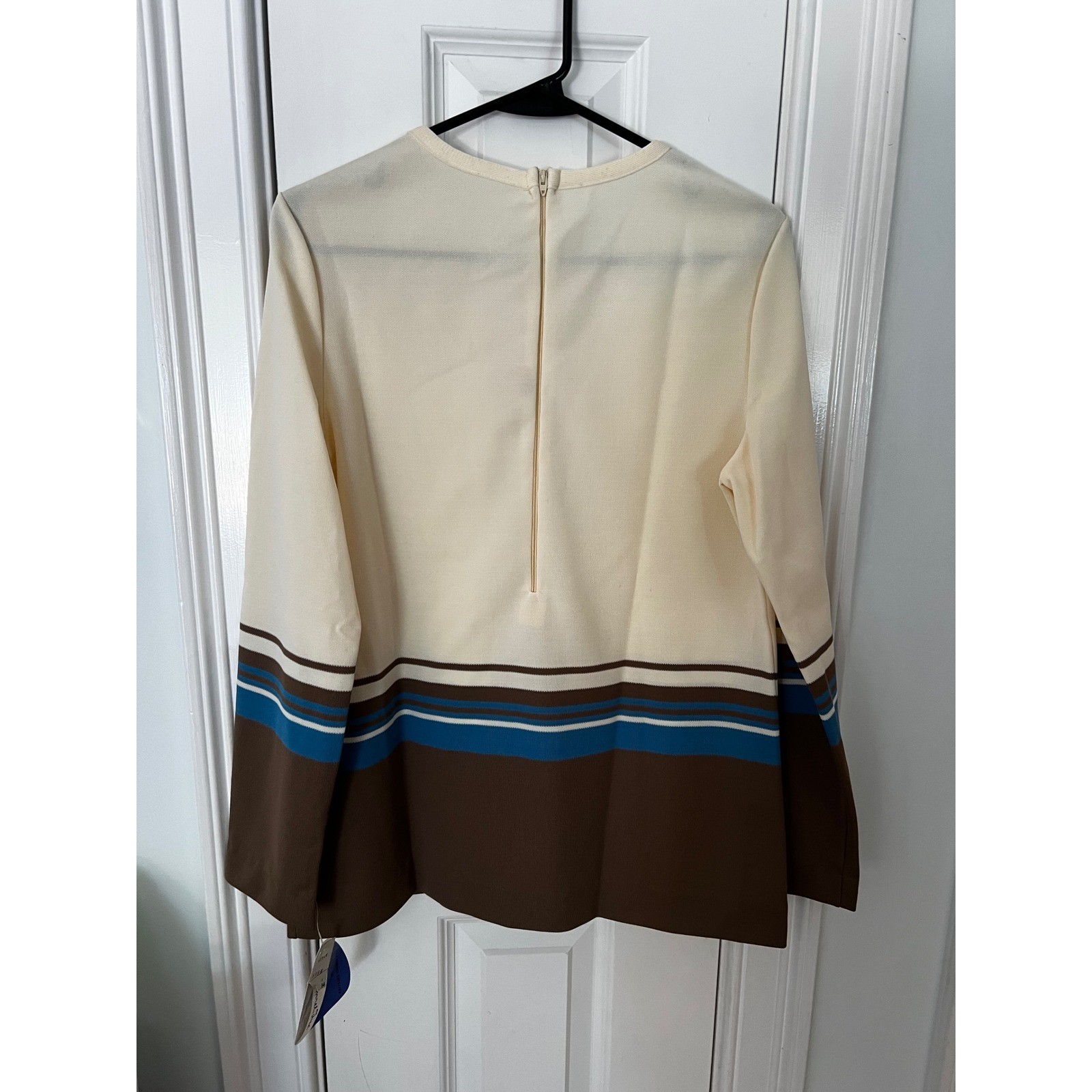 Vintage Bodin Knits 70s Striped Double Knit Top Cream Brown Blue Mod NWT 8406 14